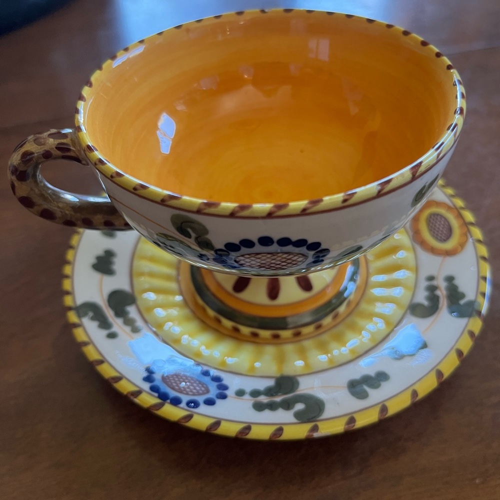 Vintage Italy Hand-Painted Ceramic Tea Cup and Saucer Set - Yellow and Brown
